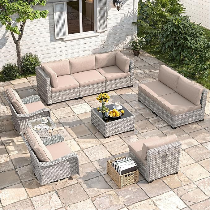 8-Seat Modern Patio Furniture Set with Swivel Rocking Chairs, Thick 4″ Cushions, Dual-Strand Wicker Rattan, Rust-Resistant Steel Frame – Outdoor Conversation & Modular Sectional,Beige