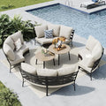 MFSTUDIO Patio Furniture Set, 8 Seats Half-Moon Curved Outdoor Sectional Sofa Conversation Set, Woven Rattan Patio Couch with 2 Wood-Like Round Coffee Table