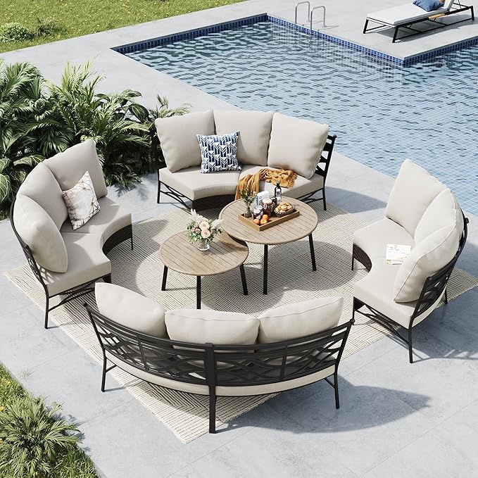 MFSTUDIO Patio Furniture Set, 8 Seats Half-Moon Curved Outdoor Sectional Sofa Conversation Set, Woven Rattan Patio Couch with 2 Wood-Like Round Coffee Table