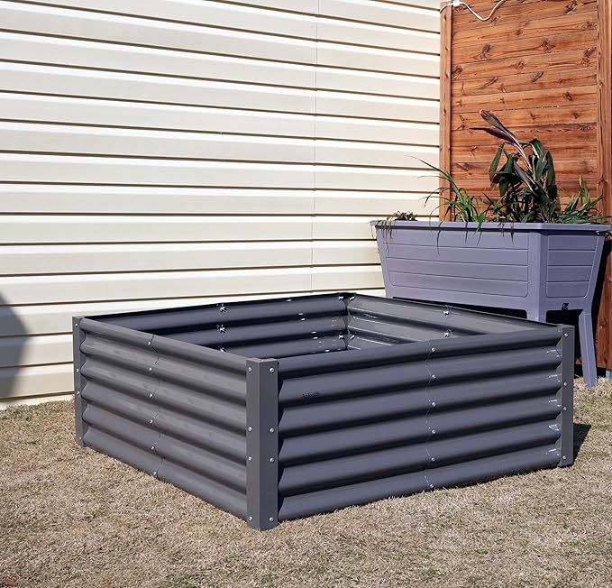 A ANLEOLIFE Set of 6, 18 Inch Tall Quartz Grey Raised Garden Beds Kit, Rectangular & Square Metal Planters for Structured Garden Layouts
