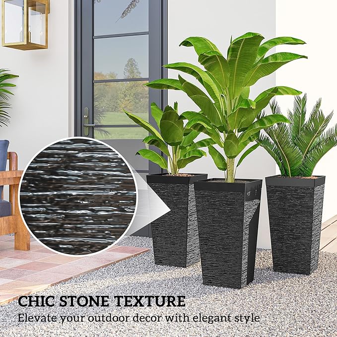 Outsunny 22.8 Inch Tall Planters for Outdoor Plants, Set of 3 Plastic Flower Pots with Stone Finish and Wheels, Stackable Tapered Planters with Drainage Hole for Indoor Plants, Front Porch, Black