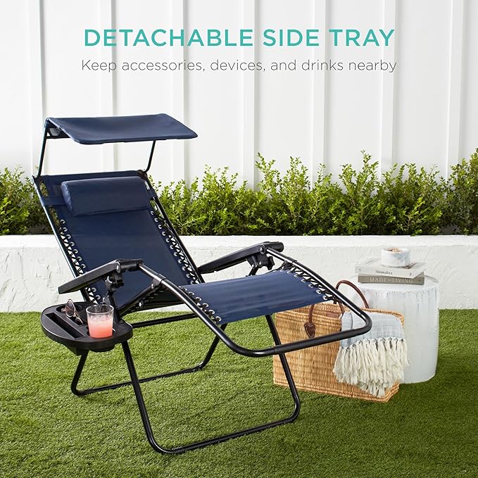 Best Choice Products Folding Zero Gravity Outdoor Recliner Patio Lounge Chair w/Adjustable Canopy Shade, Headrest, Side Accessory Tray, Textilene Mesh - Navy