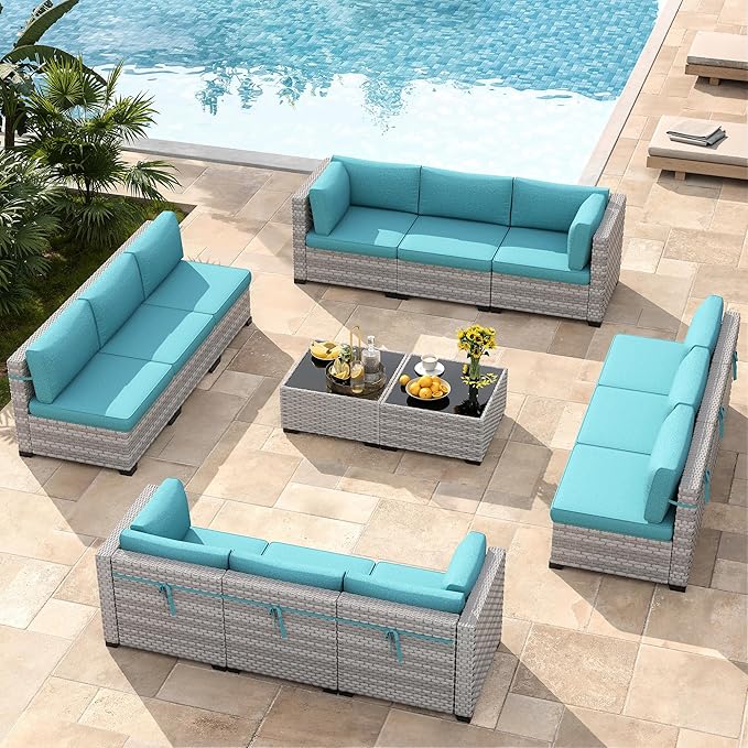 12-Seat Modular Patio Furniture Set – Outdoor Wicker Sectional Sofa with Thick 4″ Cushions, Dual-Strand PE Rattan, Rust-Resistant 18 mm Steel Frame, Backyard Garden Deck Lounge,Blue