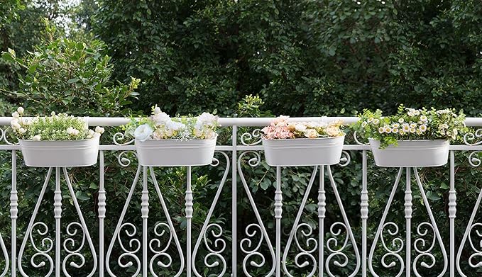 Dahey 4 Pcs Metal Iron Hanging Flower Pots for Railing Fence 15.7 Inch Hanging Bucket Pots Countryside Style Window Flower Plant Holder with Detachable Hooks for Garden Yard Home Decor, White