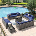 Aoxun 15 Piece Patio Furniture Set with 44” Fire Pit Table Wicker Rattan Outdoor Sectional Sofa Set with Coffee Table and Thickened Cushions, Grey/Blue (Waterproof Cover Included)