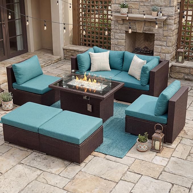 NICESOUL 7 Piece Patio Furniture Set with Natural Gas/Propane Firepit, 29.3'' High Back Comfy Outdoor Conversation Sofa Sets, Deep Seat Sectional Couch for Heavy Weight, Brown Rattan and Teal Cushion