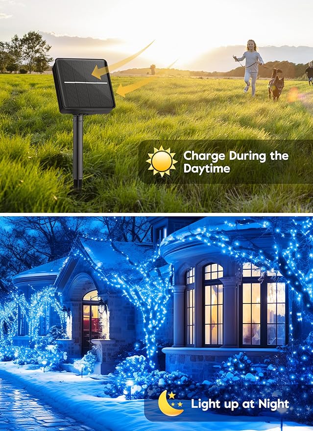 Minetom Solar String Lights for Outside, 33Ft 100 LED Outdoor Solar Fairy Lights, 8 Modes Balcony Lights for Tree Patio Christmas Party Wedding Decor (Blue)
