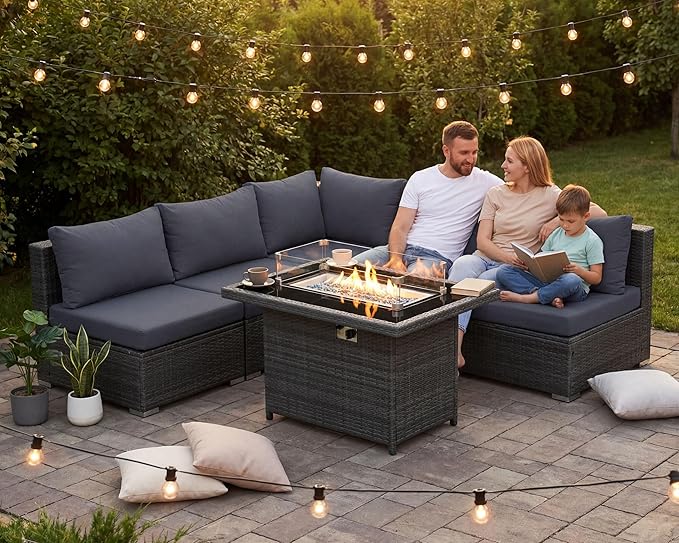 NICESOUL 6 Piece Outdoor Patio Furniture Set with Fireplace Table Natural Gas & Propane, 29.3'' High-Back L Shaped Sectional Sofa Set, Large Deep Seated Modern Conversation Couch for Tall People, Gray