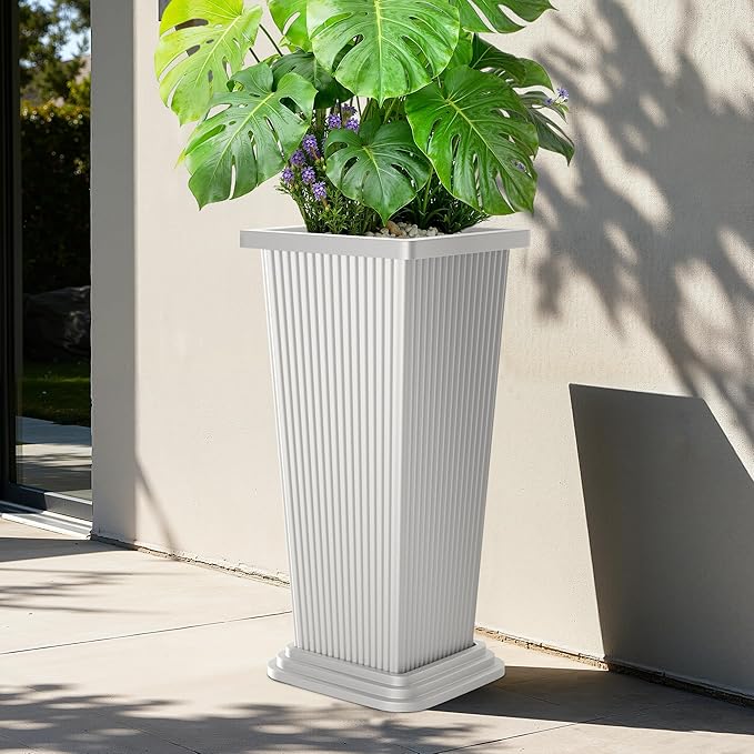 Tall Outdoor Planters Set of 2, 24" Tapered Outdoor Tall White Planter for Front Porch, Large Indoor Modern Planter Flower Pots with Tray, Drainage Holes (Ribbed)