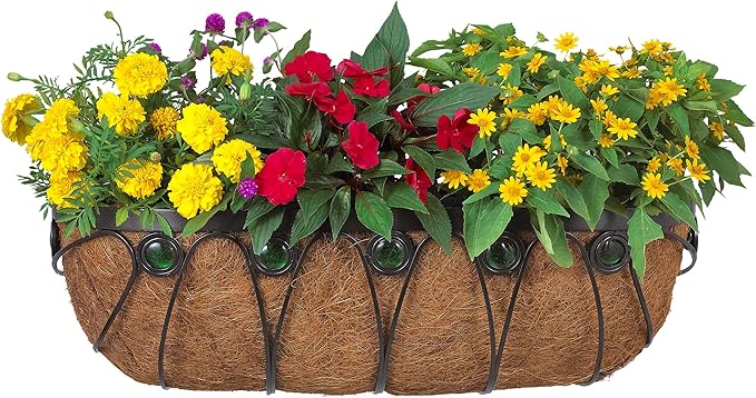 Arcadia Garden Products Hanging Window Basket Metal Trough Flower Planter with Coco Liner for Outdoor Windowsill, Railing, Patio, Garden, Balcony, Fence, 48-inch