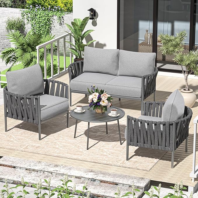4 Piece Patio Furniture Set, Modern Patio Conversation Set, Outdoor Furniture with Table, Outdoor Sofa with Washable and High-Resiliency Sponge Cushions, Grey