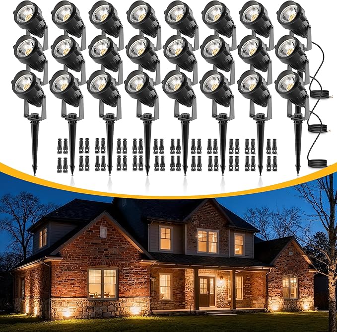 L LOHAS LED 5W Low Voltage Landscape Lighting, Christmas Outdoor Spot Lights with Connectors, 12V 24V IP66 Waterproof 3000K Warm White Plug in Spotlights for Yard, Garden, Pathway, House (24 Pack)
