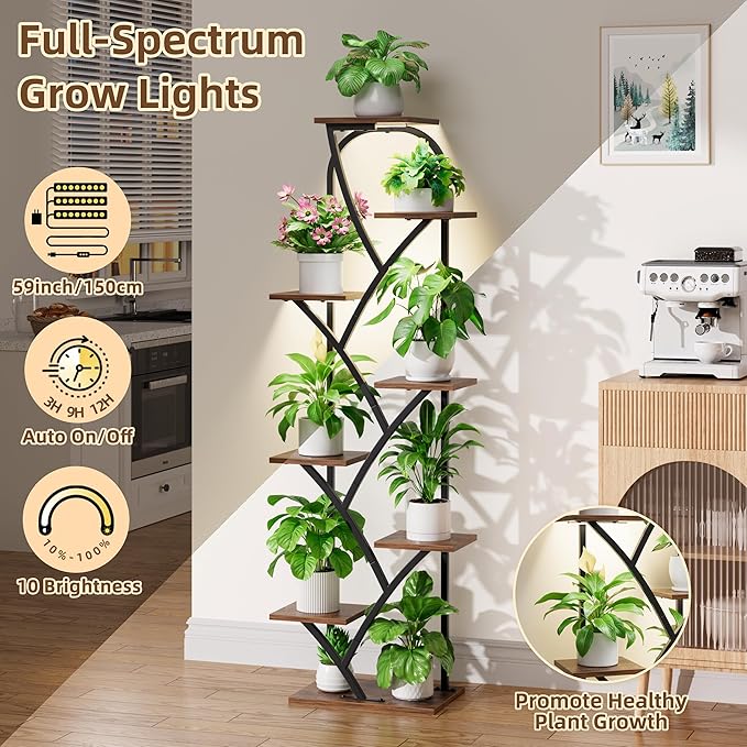 Plant Stand Indoor With Grow Lights - Corner Plant Stand For Indoor Plants, 51" Lighted Plant Shelf Indoor, 8 Tiered Tall Flower Holder, Dsiplay Rack For Living Room, Hallway, Home Décor