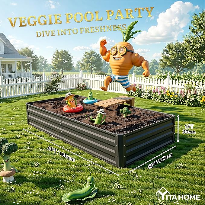 YITAHOME 6x3x1ft 2pcs Large Raised Garden Bed Kit, Galvanized Metal Planter Box with Gloves, Ground Nails, Support Rod, Outdoor Above Ground Planters for Plants Vegetables Flowers, Black