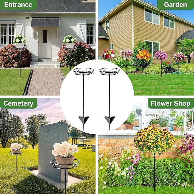 Tellingyou 2 Pack Adjustable Outdoor Flower Pot Stand, Metal Outdoor Plant Stands, Spring Summer Versatile Plant Stand Garden Stake for Display Plants, Elegant Solution for Landscaping Decor (Black)