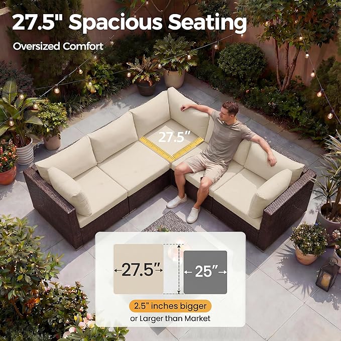 NICESOUL 9 Piece Patio Furniture Conversation Set, Extra Large Size Outdoor Rattan Sectionals with Fire Pit Table Natural Gas & Propane Convertible, 29.3'' High Back 8 Seater Deep Wide Sofa, Espresso