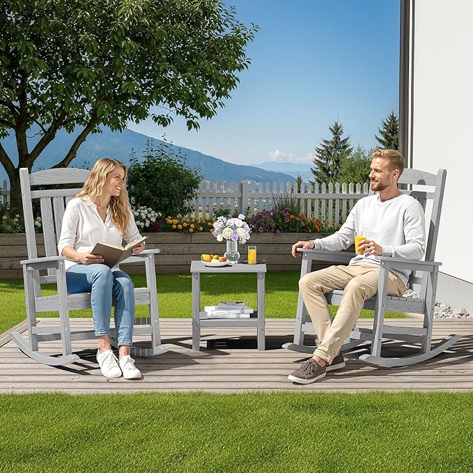 SERWALL HDPE Outdoor Rocking Chair Set of 4, Oversized Patio Rocking Chairs, All-Weather Porch Rockers for Adults, Light Gray