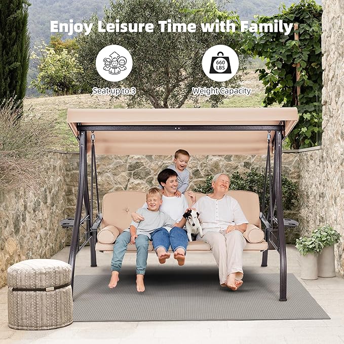 HOMREST 3 Seat Outdoor Porch Swing with 1.5" Deepened Cup Holder, Adjustable Canopy, Patio Swing Bed with Stand, Patio Glider Swing with Thicken Cushions, Pillow for Yard, Garden(Khaki)