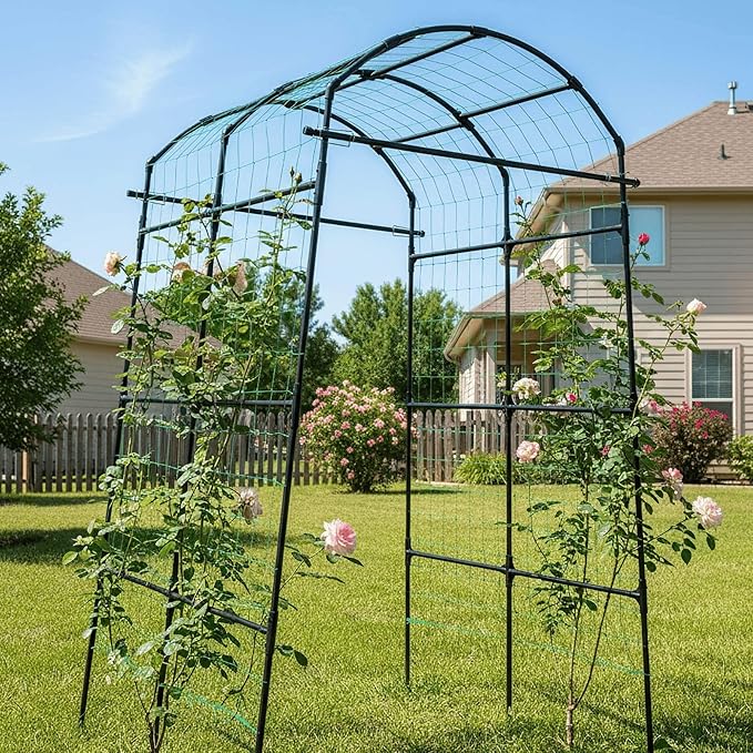 Garden Trellis Arch 7FT PP-Coated Stainless Steel Metal Extra Tall Cucumber Trellis Arch Garden Arch Trellis for Climbing Plants Outdoor Vegetable Trellis with Trellis Netting