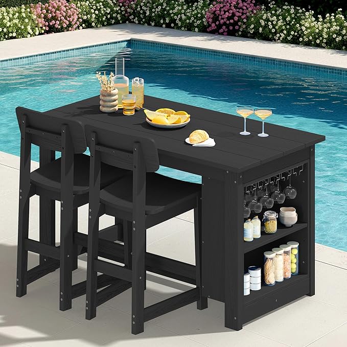 SERWALL 3-Piece Outdoor Counter Height Bar Set, HDPE Patio Bar Table with Wine Rack & Storage Shelf, 2 All-Weather Bar Stools, Patio Bar Dining Furniture Set for 3, Black