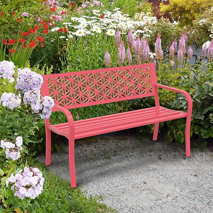 VINGLI 50" Outdoor Bench Metal with Floral Back, Garden Bench Front Porch Bench for Yard Patio Entryway Park Outside, 800lb Capacity - Pink