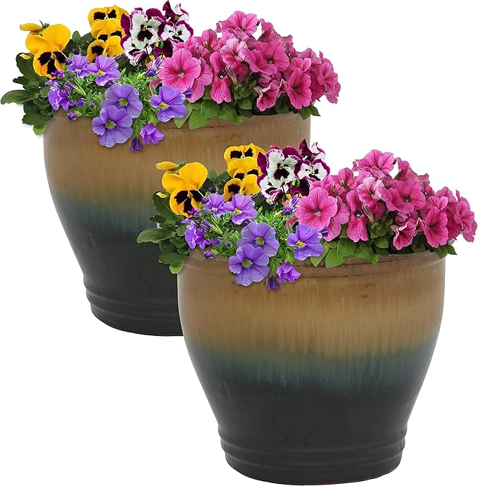 Sunnydaze Round Ceramic Planter - Set of 2 Indoor or Outdoor Plant Pots with Drainage Hole - Studio - 11" - Forest Lake Green Glaze
