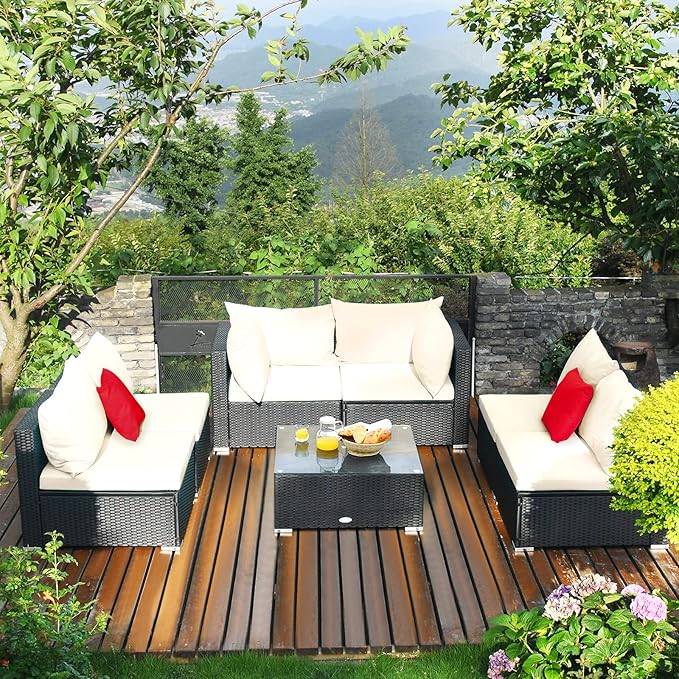 Tangkula 7-Piece Patio Furniture Set, Outdoor Sectional Sofa w/Pillows & Cushions, Wicker Conversation Set with Coffee Table & Tea Table for Garden & Lawn (Beige)