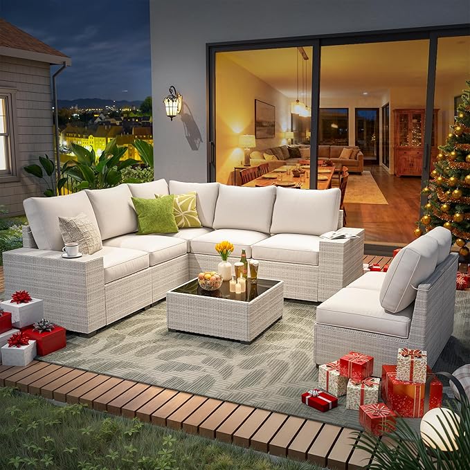 9 Piece Outdoor Patio Furniture Set with 43'' Fire Pit Table, Outdoor Sectional Furniture, Rattan & Wicker Modern Modular Conversation Set Sofa Couch W/Water Resistant Washable Thick Cushions, Beige