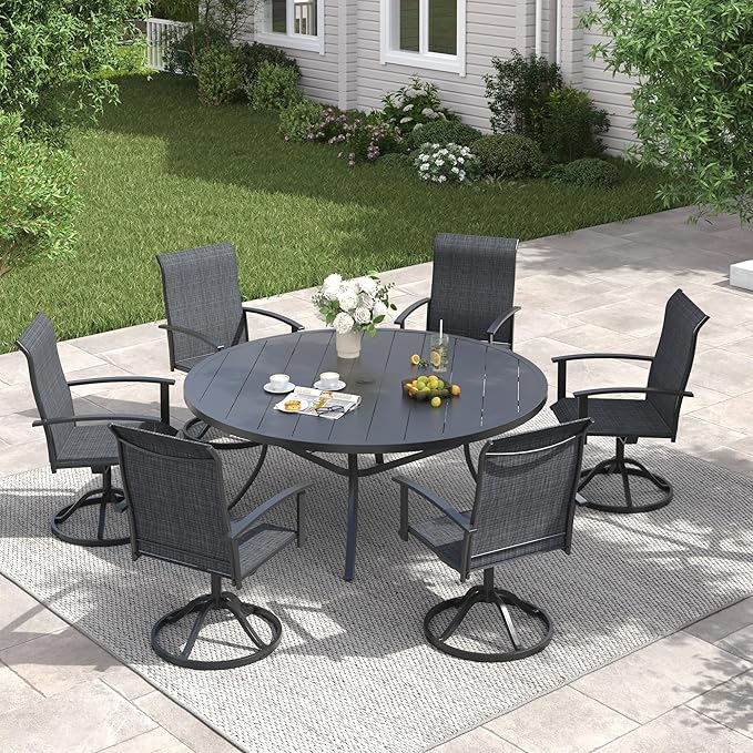 VICLLAX 63" Outdoor Round Patio Table with Umbrella Hole, All Weather Metal Round Outdoor Dining Table for Lawn Garden, 8-10 Person Table, Black