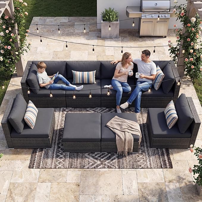 NICESOUL 8 Seater Modern Luxury Outdoor Furniture Set, Extra Large PE Wicker Patio Modular Sectional Sofa with Ottoman, 29.3'' High Back L-Shaped All-Weather Conversations, Deep Seated Grey Color