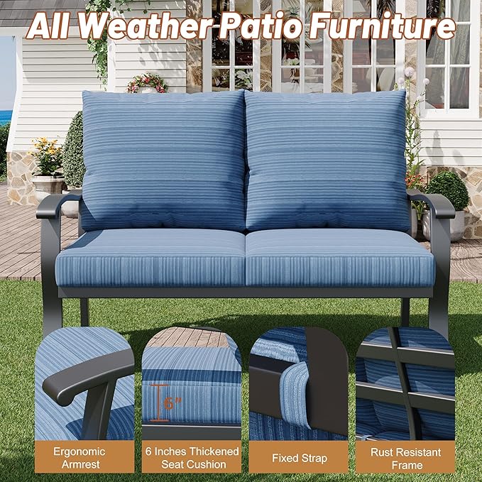 HOMREST Outdoor Loveseat Aluminum Patio Furniture Sofa, All-Weather Metal Outdoor Couch with Cushions, Blue