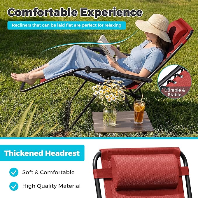 Homall Zero Gravity Chair Patio Folding Lawn Outdoor Lounge Gravity Camp Reclining Lounge Chair with Cup Holder Pillows for Poolside Backyard and Beach Set of 4 (Red)