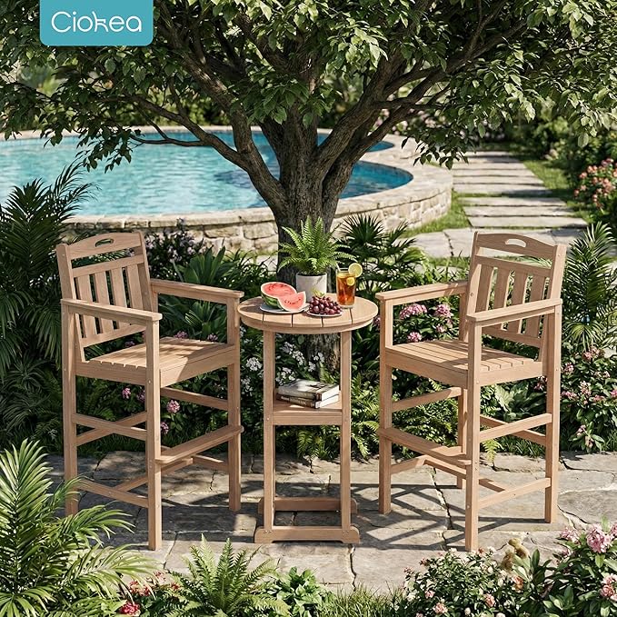 Ciokea 3-Pcs Bistro Table and Chairs, All-Weather Round High Top Bar Table with Storage Shelf and 2 Oversized Adirondack Chairs, Heavy Duty Outdoor Bar Set Patio Bistro Set for Balcony Deck, Teak