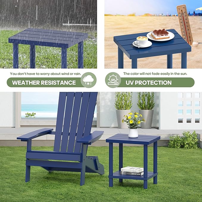 Outdoor Side Table, 2-Tier Small Outdoor Table for Patio, Adirondack Side Tables for Outside or Indoor, Bamboo End Table for Pool, Porch, Weather Resistant Easy Maintenance-Dark Blue