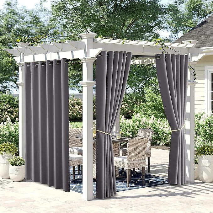 NICETOWN 2 Panels Waterproof Patio Outdoor Curtains 95 inches Long, Thermal Insulated Sun & Heat Blocking Privacy Blackout Extra Wide Outdoor Indoor Window Drapes for Porch/Garage, Grey, W84 x L95