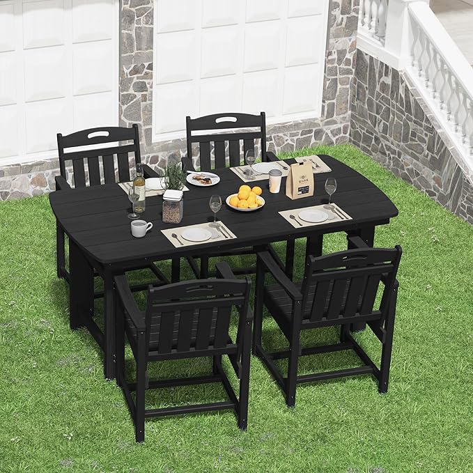 HDPE Outdoor Patio Dining Set with Table & 4 Chairs, All-Weather 5-Piece Outdoor Table and Chairs, 2" Umbrella Hole, Patio Furniture for Garden, Backyard, Deck | Matte Black