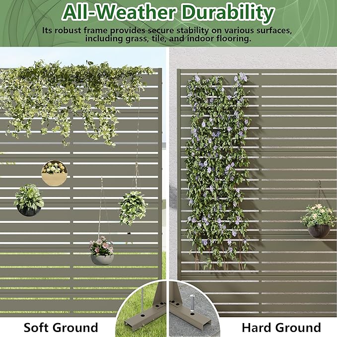Casaphoria Metal Privacy Screen Outdoor, 72" H x 47" W Freestanding Decorative Privacy Screen for Patio Deck Balcony Garden with Stable Base, Grey-Benjamin