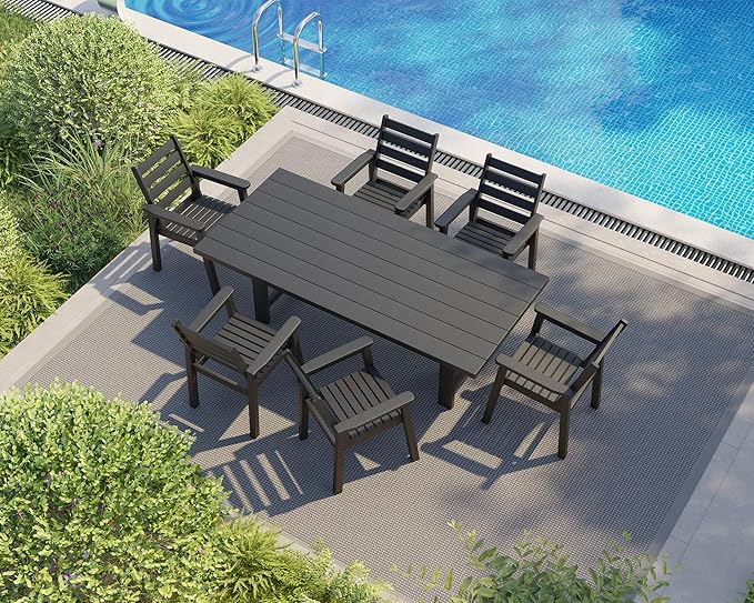 AMERLIFE 7-Piece HDPE Outdoor Dining Set with Umbrella Hole, 71" L Patio Table and Chairs Set for 6, Modern Garden Dining Set for Backyard, Poolside, Seaside, Porch, Black