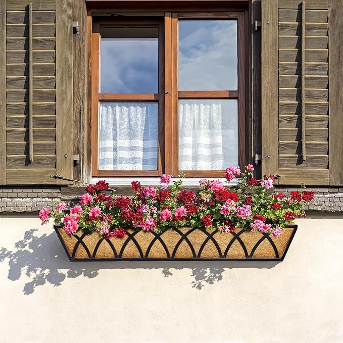 30 Inch Window Deck with Coco Liner Set of 2, 30" Window Boxes Horse Trough with Coconut Coir Liner,Metal Hanging Flower Planter Window Basket Deck Railing Planter Boxes for Outdoor Indoor Lawn