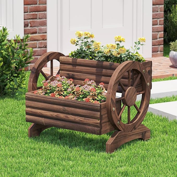 Wooden Wagon Planter Wooden Flower Cart with Wheels Outdoor Garden Planter, Decor Planter for Patio Balcony Decoration Succulent Flower Pot for Indoor Backyard Balcon planters (Carbonized)