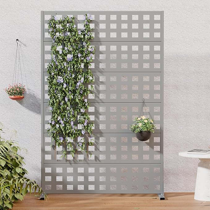 Casaphoria Metal Privacy Screen Outdoor, 72" H x 47" W Freestanding Decorative Privacy Screen for Patio Deck Balcony Garden with Stable Base, Grey-Square