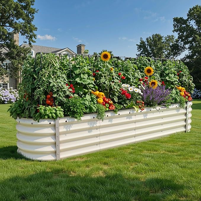 YITAHOME 17" Tall 9 in 1 Large Raised Garden Bed Kit, 8x2x1.4ft Galvanized Metal Planter Box with Gloves & Safety Rubber, Outdoor Above Ground Planters for Plants Vegetables Flowers, White
