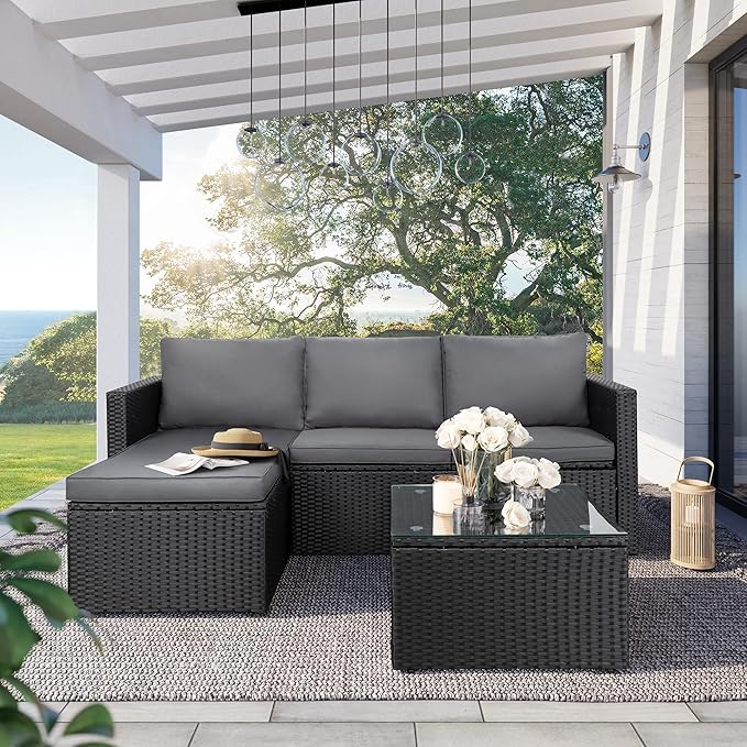 3-Piece Outdoor Patio Sectional Sofa Set with Glass Coffee Table & Ottoman — All-Weather PE Rattan Conversation Furniture, Black Rattan & Grey Cushions, Perfect for Garden, Backyard, Deck, Grey