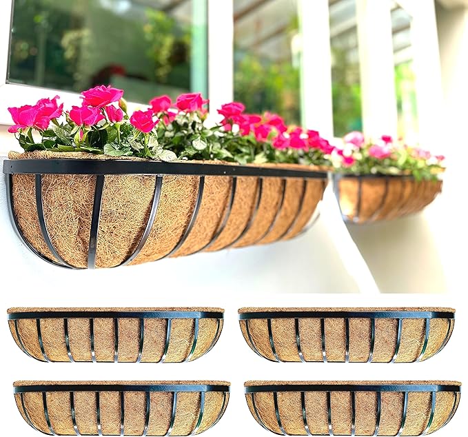 LaLaGreen Deck Railing Planter Boxes - 30 Inch, 4 Pack Wall Planters for Outdoor Plants, Window Flower Boxes Deck Railings with Coco Liners Metal Horse Troughs Fence Balcony Patio Porch Over Rail