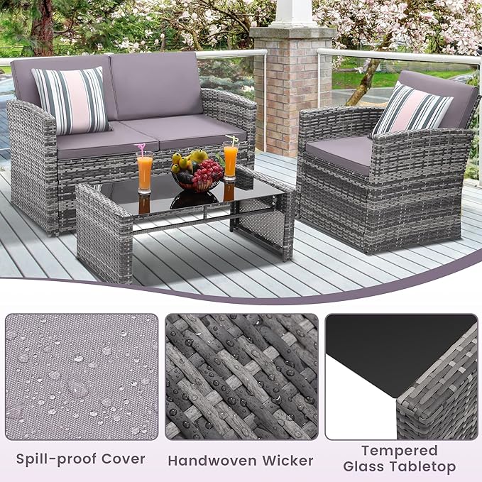 4-Piece Patio Furniture Set, Wicker Outdoor Rattan Sectional Sofa with Cushions and Glass Table, All-Weather Outdoor Conversation Set, Ideal for Garden, Porch, Backyard, Grey