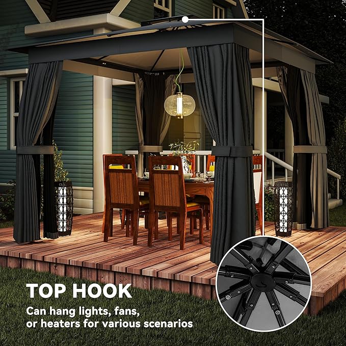 Outsunny 10' x 10' Outdoor Patio Gazebo, Heavy Duty Gazebo Canopy Shelter with Double Roof, Curtains, Netting, Steel Frame, UPF30+ Protection, Ceiling Hook for Lawn, Backyard, Deck, Dark Gray