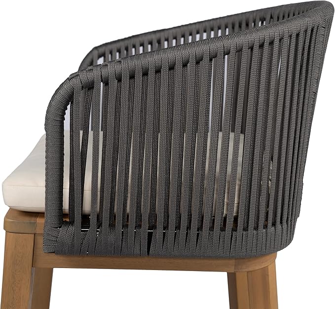 Christopher Knight Home Zax Set of 2 Patio Barstool, Acacia Wood & Rope Outdoor Counter Stool with Backrest/Footrest, Barstool Chairs with Cushion Seating for Backyard Balcony Garden, Beige+Gray+Teak