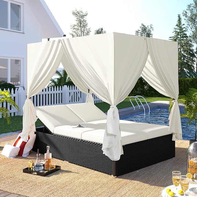 Patio Chaise Lounge, PE Rattan Outdoor Patio Wicker Sunbed Daybed with Adjustable Seats, Four-sided Canopy, Overhead Curtain and Beige Cushions for Backyard, Garden, Poolside (for 2-6 people)