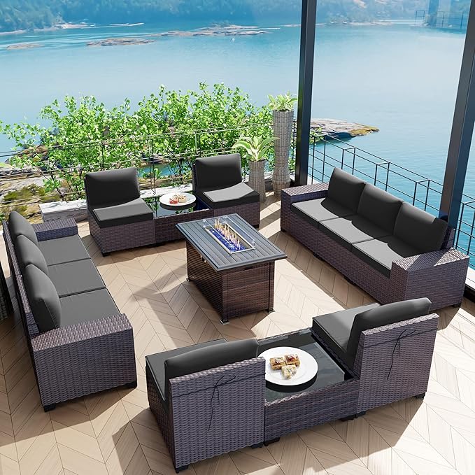 Kullavik 13 Pieces Outdoor Patio Furniture Set with 43" 55000BTU Gas Propane Fire Pit Table PE Wicker Rattan Sectional Sofa Patio Conversation Sets,Black