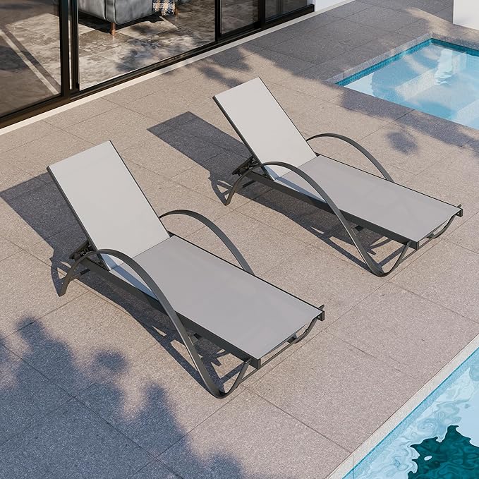 Shintenchi Patio Chaise Lounge Set of 2, Pool Chaise Lounge with Arm,Outdoor Lounge Chair with 5 Adjustable Backrest,Sunbathing Recliner,Beach Chair,Pool Chairs,Light Grey